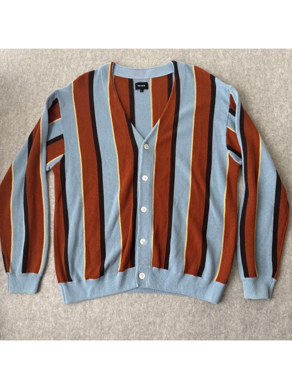 Beams 9 Gauge Striped Cardigan Sweater Mens Large Cotton V Neck Japanese Design